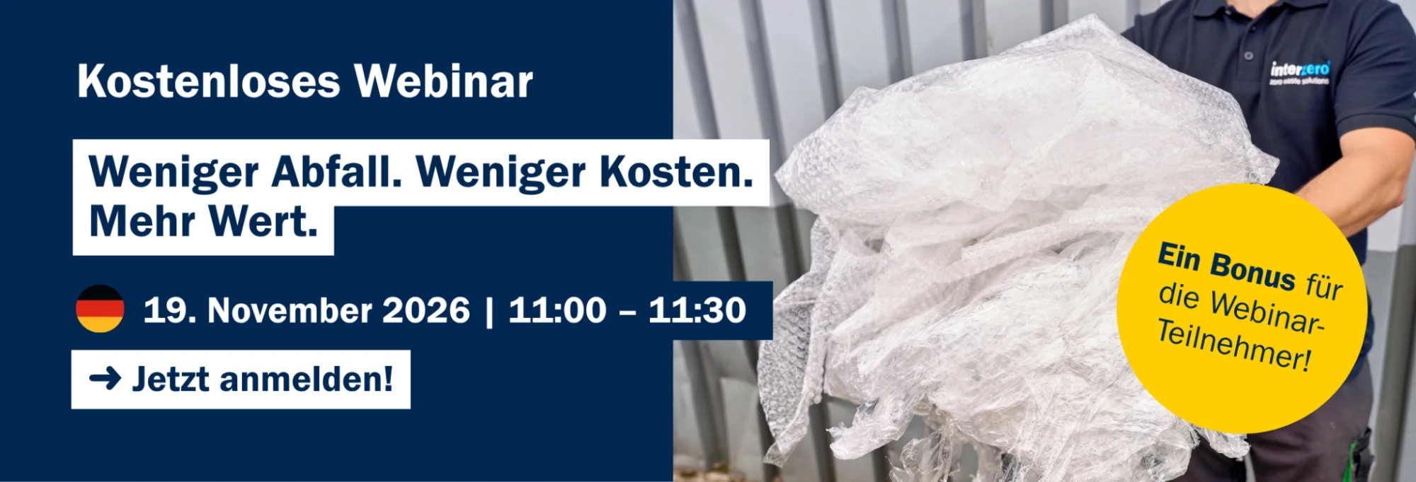 Grafik für ein Webinar zum Thema Abfallvermeidung – ein Mann hält eine Folie in der Hand, Interzero, 2026